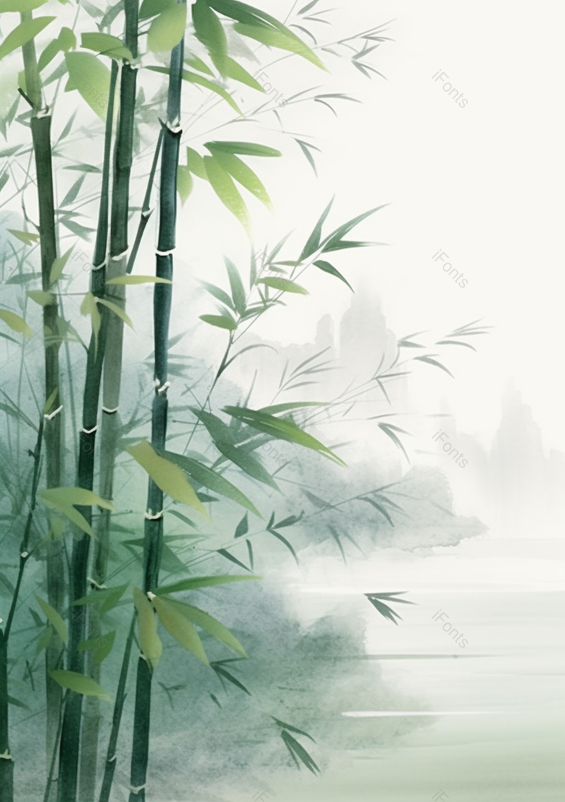 中国风水彩画彩色水彩插画水边的墨绿色竹林竹子竹叶远处山峰雾气弥漫的背景插画,插画/手绘图,插画/手绘图库,插画/手绘图下载,插画/手绘